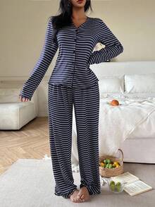 SHEIN 女士针织休闲宽松条纹印花上衣和裤子家居服套装，冬季服装 - 藏蓝色 - 查看 4