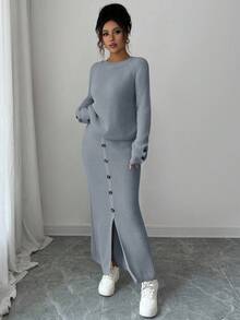 Elenzga 2pcs Women Casual Long Sleeve Top And Mini Skirt Co-Ord Set - Grey - View 5