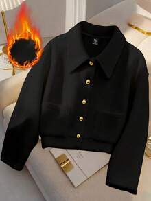 GlowEve CURVE Plus Size Solid Color Front Button Closure Warm Long Sleeve Jacket, Autumn/Winter - Black - View 1