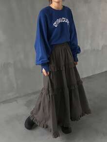 FRIFUL 女士休闲纯色荷叶边下摆半身裙 - 灰色 - 查看 2