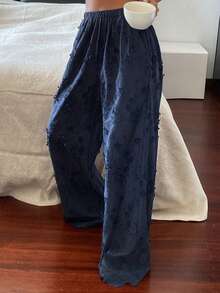 DAZY Women's Romantic 3D Floral Jacquard Pajama Pants - Navy Blue - View 6