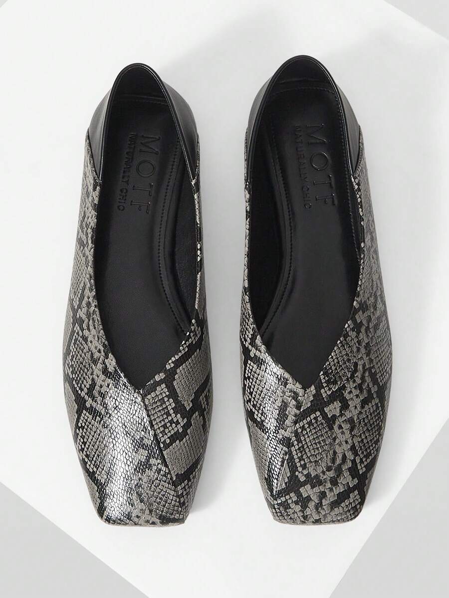 MOTF VINTAGE BALLET FLATS, FASHION COMFORTABLE ELEGANT SNAKESKIN PATTERN SQUARE TOE SLIP-ON SHOES FOR WOMEN, SUITABLE FOR ALL SEASONS - Grey - View 2