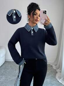 Elenzga 女式休闲宽松高领长袖毛衣，秋冬 - 藏蓝色 - 查看 1