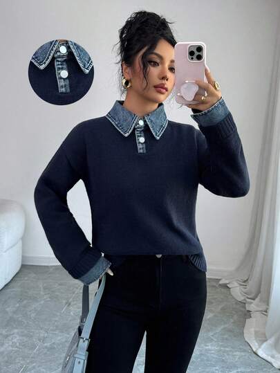 Elenzga كنزة صوفية كاجوال فضفاضة بياقة بولو وأكمام طويلة، خريف/شتاء