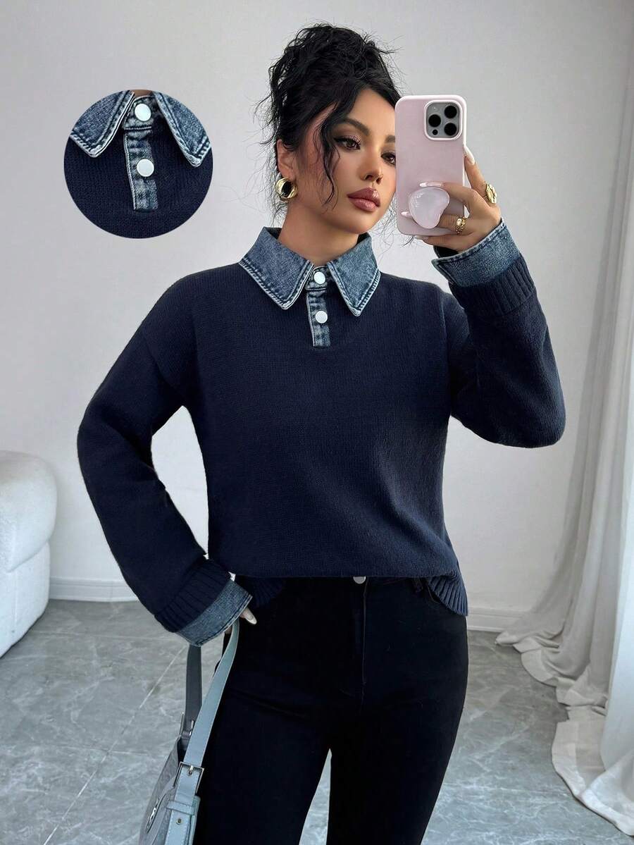 Elenzga 女式休闲宽松高领长袖毛衣，秋冬 - 藏蓝色 - 查看 1