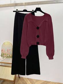 Franclia Bộ 2 món trang phục mùa thu màu trà, áo len cổ vuông cắt cúp dễ thương và quần len ống rộng đa năng - Màu Đỏ Sâu - Xem 3