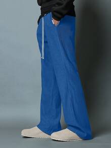 SUMWON Textured Flared Sweatpants Bell Bottom Ribbed Comfortable Casual Palazzo Pants Wide Leg Retro Style Fall Cozy Homewear With Drawstring Waist - Navy Blue - View 2
