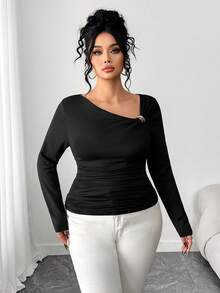 Elenzga Maglietta casual a maniche lunghe con colletto asimmetrico, taglie comode per donna - nero - Visualizzare 4
