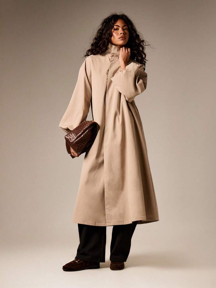 AiiRZ Oversized Long Trench Coat With Stand Collar Button Front
