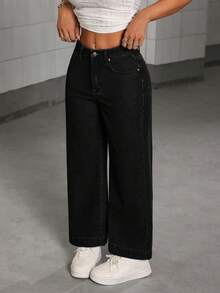 SHEIN PETITE 女式口袋宽松阔腿休闲百搭牛仔裤 - 黑色 - 查看 3