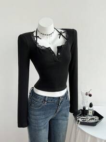 SHEIN Unity Maglietta a maniche lunghe nera da donna, elegante per l'autunno/inverno, adatta per uso quotidiano, feste e casual, con colletto in pizzo - nero - Visualizzare 6