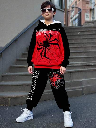 Bộ 2 áo hoodie tay dài họa tiết nhện phong cách tối giản Y2K cho bé trai tuổi teen, thích hợp mặc vào mùa thu/đông