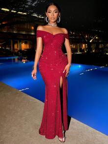 SOLERSUN Suitable For Christmas Party Vacation & Dating Elegant Burgundy Elegant Twisted Off Shoulder Backless Strap High Slit Mermaid Dress With Metallic Sheen For New Year Clothes Maxi Women Outfit - Red - View 7