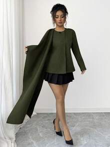 SHEIN Elenzya 秋冬复古巧克力色披肩领外套 - 綠色 - 查看 6