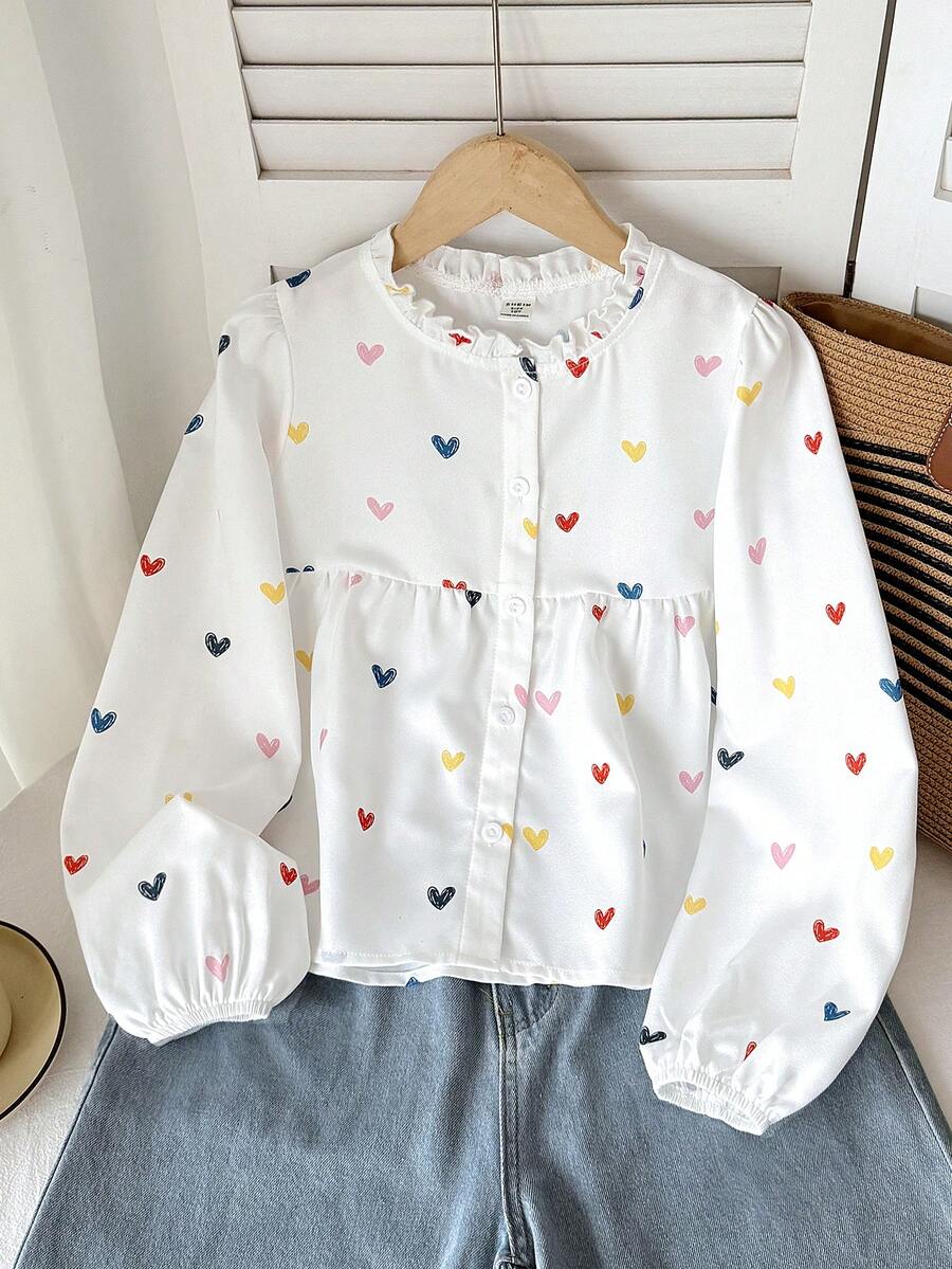 Leap Crew Tween Girls' Loose Casual Simple Stand-Up Collar Colorful Heart-Shaped Printed Long-Sleeved Shirt Girls Long Sleeve Shirt, Suitable For Kids Casual Wear, Back To School, Opening Ceremony, Daily Wear, School, Travel, Sports, Spring And Summer - White - View 1