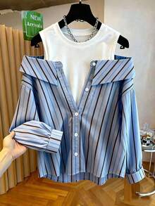 SHEIN 女款二合一条纹纯色长袖上衣 - 藍色 - 查看 3
