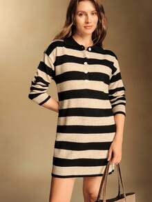 Écloséra Französischer Retro Loose Polokragen Langarm Gestricktes gestreiftes Halbplakette Knopf Khaki Damen Pulloverkleid, Herbst/Winter