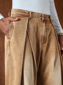 AKNOTIC 男士梭织休闲宽松直筒裤，时尚日常穿着 - 卡其色 - 查看 3