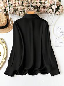 SHEIN LUNE Áo sơ mi nữ tay dài cài nút phía trước, dáng rộng, thường ngày, ngày lễ, áo cánh chắp vá cỡ lớn - màu đen - Xem 2