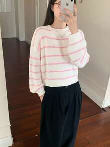 SHEIN TEENGIRL Pink & White Striped Basic Casual Loose Fit Crew Neck Lantern Sleeve Sweater, Back To School, Collegiate Style, Comfortable Everyday Wear - Pink - View 5