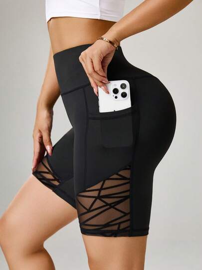 Rhythm Era 大码女式运动瑜伽健身户外网眼拼接口袋短裤瑜伽短裤带口袋氨纶短裤收腹高腰运动短裤