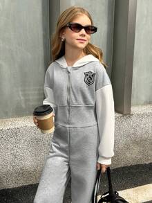 Áo nỉ thể thao thường ngày có mũ trùm đầu màu đen có khóa kéo và áo liền quần bằng vải nỉ cạp cao cho bé gái - Nhiều màu - Xem 4