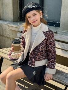 少女休闲时尚街头豹纹翻领拉链抓绒外套，秋冬款 - 彩色 - 查看 7