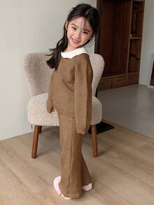 DAZY 女童撞色彼得潘领长袖毛衣和喇叭裤可爱两件套，秋冬款 - 棕色 - 查看 4