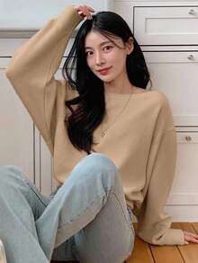 DAZY 女士宽松纯色不对称肩长袖T恤露肩上衣可爱上衣 - 卡其色 - 查看 5