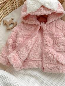 SHEIN Newborn Baby Girl Heart Plush Long Sleeve Zipper Front Hooded Jacket Baby Girl Pink Hoodie Baby Girl Fleece Jacket Pink Baby Jacket Baby Bear Jacket Warm Baby Girl Clothes,In Fall/Winter - Pink - View 5
