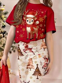 Young Girl Christmas Tree&Reindeer Print Casual T-Shirt&Flare Pants Set,Cute Fairy Tale Glitter Snowflake Summer Family Matching Minimalist Outfit - Multicolor - View 3