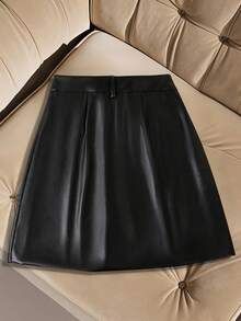 Franclia Damen einfarbiger Knopfdesign Taschen PU Leder A-Linie Rock - Schwarz - Übersicht 2