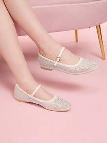 CUCCOO DOLLMOD Fashionable Light Apricot Full Crystal Mesh Mary Jane Flat Shoes, Cute And Sweet For School Students Spring Shoes Spring Break Easter For Christmas Spring Shoes - Apricot - View 2