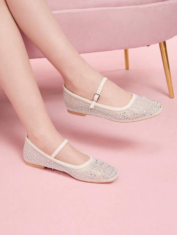 CUCCOO DOLLMOD Fashionable Light Apricot Full Crystal Mesh Mary Jane Flat Shoes, Cute And Sweet For School Students Spring Shoes Spring Break Easter For Christmas Spring Shoes