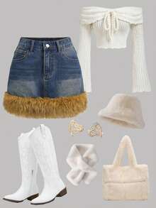 SHEIN MOD Women's Fashionable Vintage Fuzzy Patchwork Denim Mini Skirt Winter Skirt Women Christmas Skirt New Year Skirt Party Skirt For Women Chic Skirt For Women Thermal Lined Warm Denim Skirt