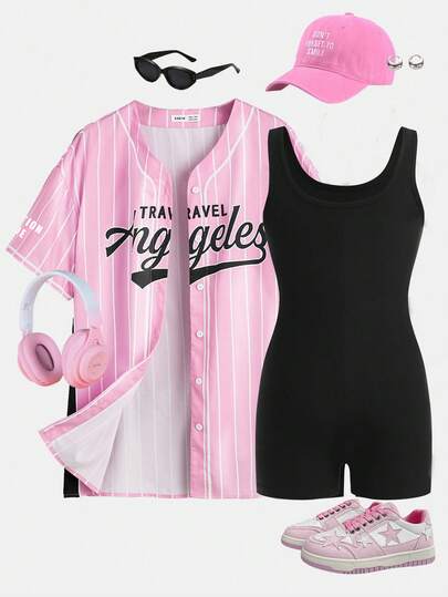 SHEIN Girlism 2pcs/Set Tween Girls Loose Casual Minimalist Comfortable Versatile Collared Sleeveless Jumpsuit