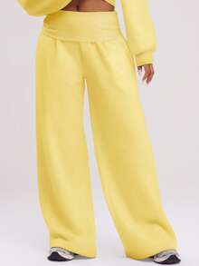 MUSERA Extreme Wide Leg Fold Over Waist Pants Casual Airport Fall, Autumn, , - Yellow - View 2