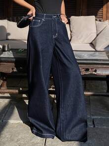 DAZY 女士时尚通勤水洗阔腿牛仔裤 - 藍色 - 查看 2