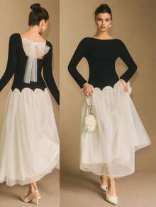 Poéselle Women's Mesh Patchwork Contrast Color Backless Elegant Long Sleeve Dress French Style Dress Women Clothing Elegant Dress Modest White Bow Back Dress Party Dress,Dresses For Women Elegant