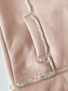 Elamini 棕色绒面革保暖内衬仿羊羔绒领翻领拉链口袋落肩长袖宽松外套，时尚街头风复古优雅高端简约设计，适合休闲、外出、约会、秋冬季穿着。 - 粉色 - 查看 8