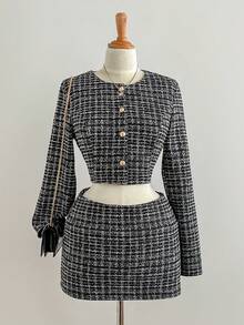 SHEIN Unity Women's Black And White Plaid Tweed 2 Pieces Set,Autumn Elegent Office Short Jacket & Low Waist A-Line Skirt,Metal Button Round Neck Fashion Suit - Black - View 1