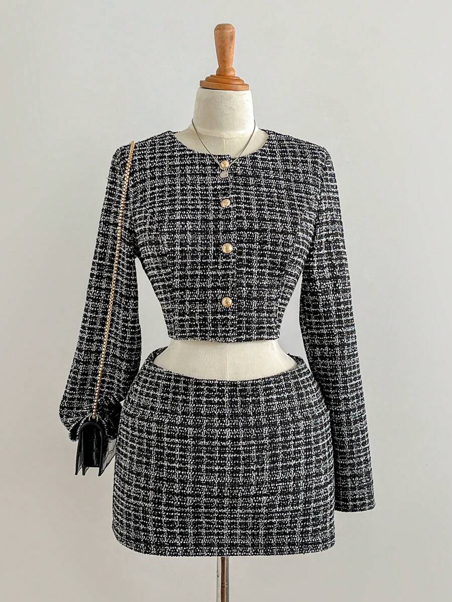 SHEIN Unity Women's Black And White Plaid Tweed 2 Pieces Set,Autumn Elegent Office Short Jacket & Low Waist A-Line Skirt,Metal Button Round Neck Fashion Suit - Black - View 1