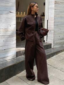 Livesso 女士高领收腰宽松上衣和休闲裤两件套，秋冬女士家居服套装 - 棕色 - 查看 3