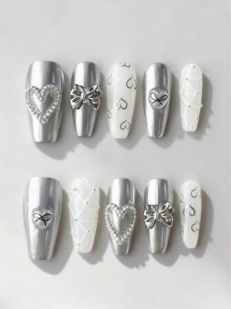 Kawaii 10 piezas de uñas postizas de estilo punk hechas a mano + 3 piezas de cinta adhesiva de doble cara, uñas postizas de metal Y2K, uñas de diamante removibles de alta calidad con forma de almendra media, adecuadas para fiestas, bailes de graduación y uso diario.