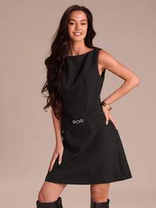 Enchnt Women's Black Striped Sparkle Rhinestone Sleeveless Mini Dress,Chic&Elegant For Date&Holiday&Office&Bissness,Casual Summer Black And White Outfits - Black - View 1