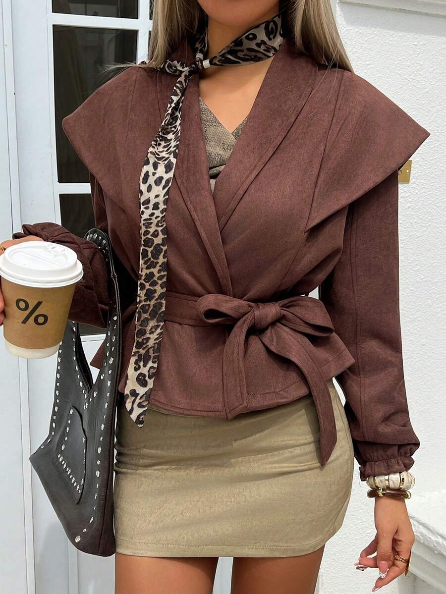 DAZY Women's Turndown Collar Brown Waist Cinched Short Casual Regular Jacket Women Coats - Brown - View 1