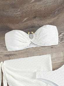 Oceva 女士夏季沙滩纯色抹胸圆环连接性感比基尼泳衣套装，含罩衫和裙子，三件套 - 白色 - 查看 3