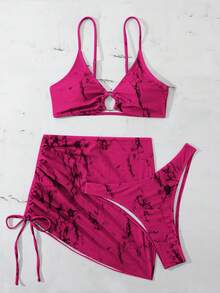 Swim SXY 3pcs/Set Printed Bikini Top, Triangle Bottoms And Skirt Swimsuit Set - Hot Pink - View 3