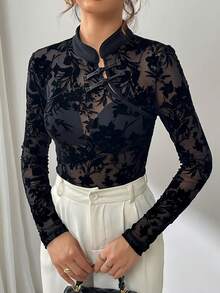 Firerie Women's Floral Mesh Button Design Long Sleeve Vintage Blouse - Black - View 3