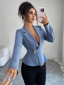 春秋新款牛仔蓝色亚麻衬衫，翻领，金属纽扣，休闲通勤设计，收腰，修身长袖女衬衫 - 中等水洗藍 - 查看 6